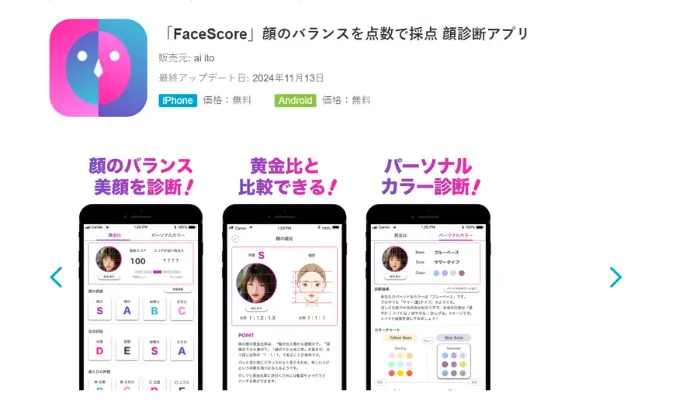 FaceScore：顔の黄金比診断で点数化