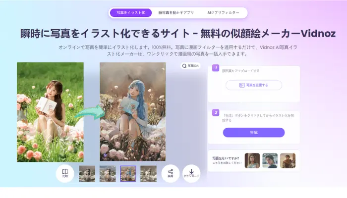 Vidnoz AI写真イラスト化メーカーで写真をイラスト風に変換する結果